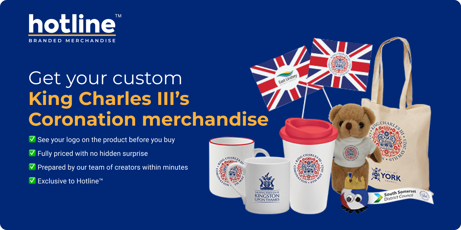 Branded Coronation range laying on the navy background with information on the right persuading users to get branded coronation merchandise.