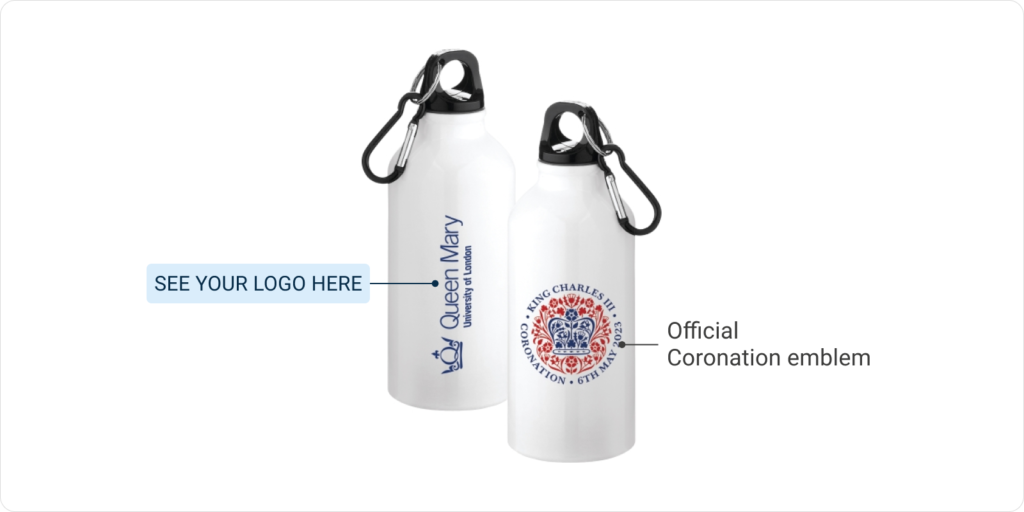 Branded Coronation Aluminium Bottle showing front and back view with one side printed with official coronation emblem, while back side is open for your custom logo/ messaging.