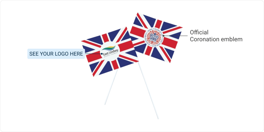 Branded coronation flag showing front and back side with official emblem on one side and custom logo option on the other side