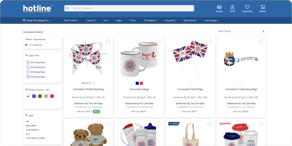 Screenshot of hotline website, presenting the branded coronation products like coronation printed bunting, coronation mugs, coronation flags, coronation celebration bugs, baby bears, coronation bottle, printed coronation travel mug, etc