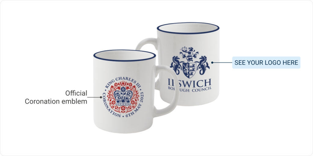 Branded coronation mug with front and back view with one side having official coronation emblem, while other side is open for your customised logo.