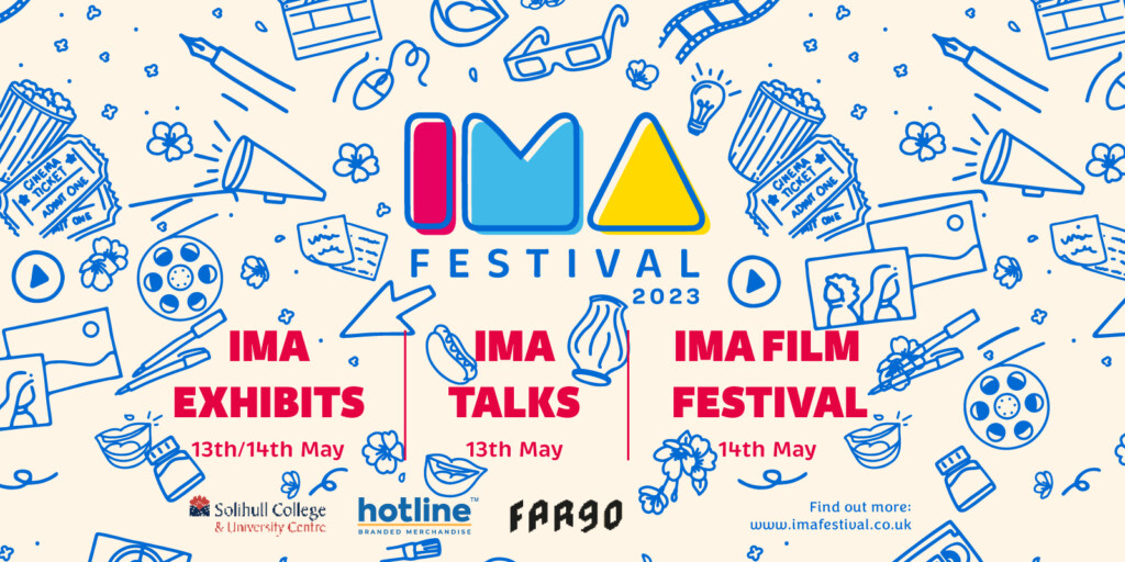 Multiple blue hand drawn icons established as a patter on a beige background with IMA Festival logo in the middle and relevant text underneath.