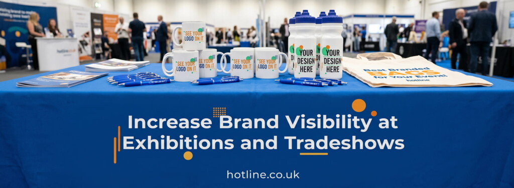 Promotional products showcasing at a trade show event on top of a branded tablecloth with mugs, bottles, pens and tote bags