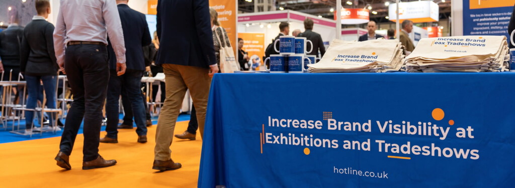 Full colour print branded tablecloth promotional product at trade show event