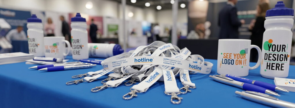 Pile of promotional full colour print lanyards on a trade show event booth with other promotional product giveaways