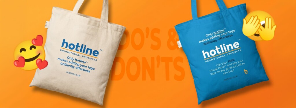 Printed canvas tote bags with print examples for effective and ineffective branding with promotional products