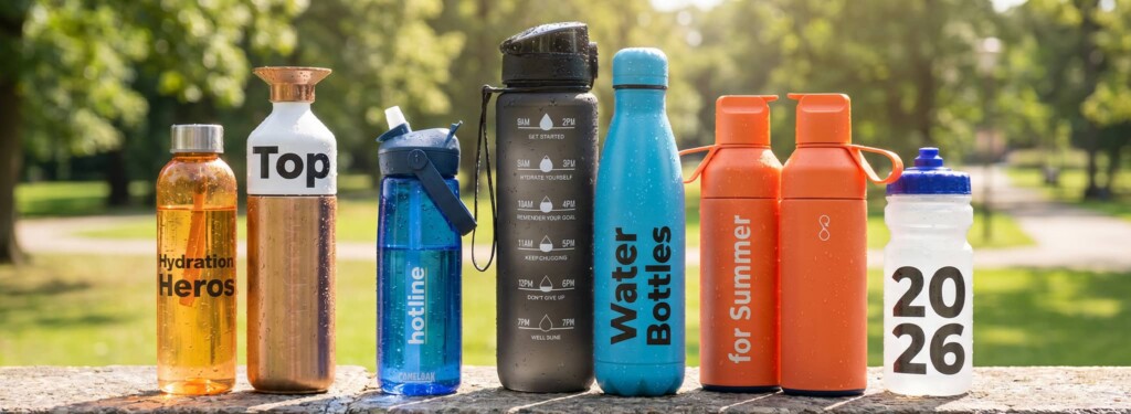A variety of promotional water bottles stood together on a wall in a public park promotional products
