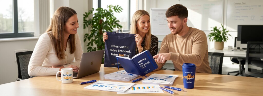Marketing-team-reviewing-printed-samples-promotional-products