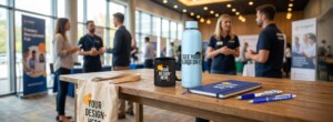 Recruitment-fair-engaging-with-candidates-giveaway-promotional-products-tote-bags-bottles-mugs-pens-notebooks