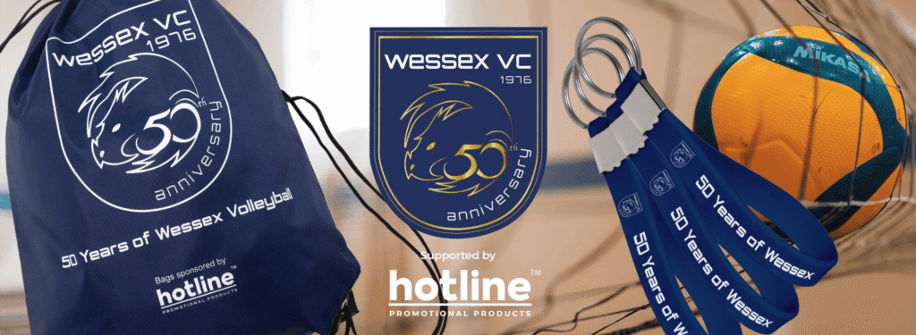 Branded Wessex Volleyball Club 50 anniversary merchandise sponsored by Hotline Promotional Products.