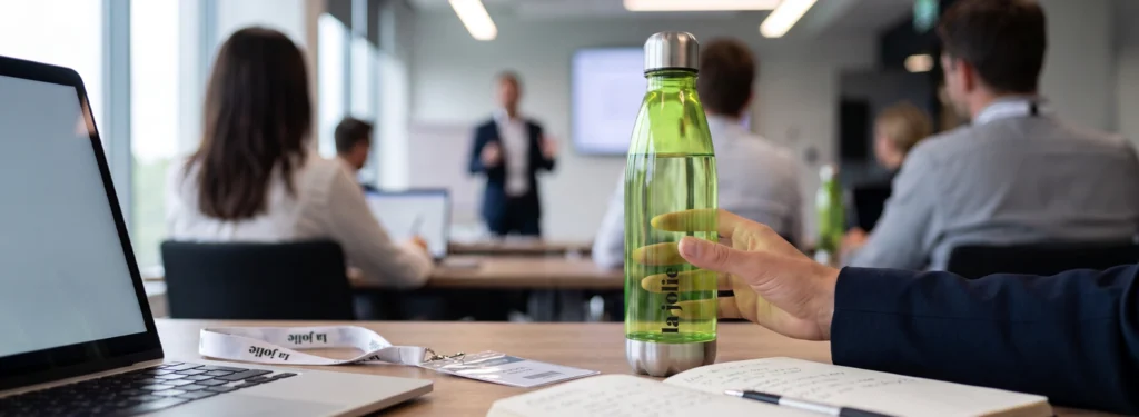 Branded reusable water bottle used at work to promote sustainability