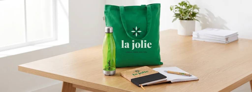 Sustainable branded welcome pack with reusable bottle, notebook, pen and tote bag