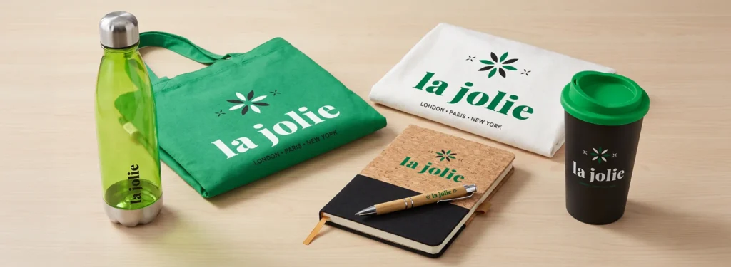 Selection of eco-friendly promotional products including drinkware, bags and stationery
