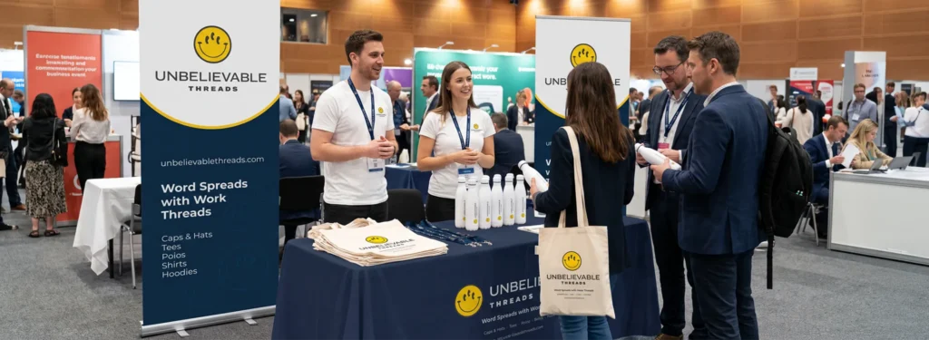 Professionally branded exhibition stand with roller banners, table cloth, workwear and promotional merchandise.