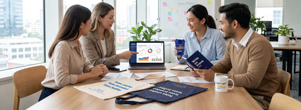 Marketing-team-reviewing-printed-samples-performance-promotional-products