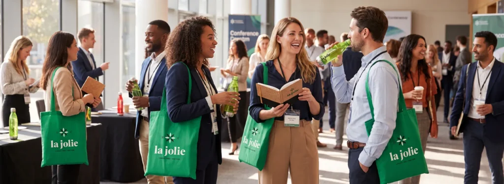 Delegates using sustainable branded merchandise at a business event