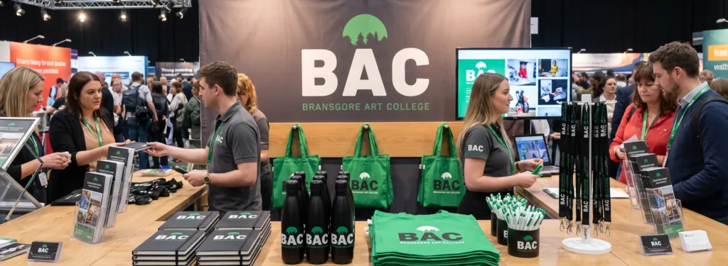 Branded promotional products displayed at a UK business exhibition