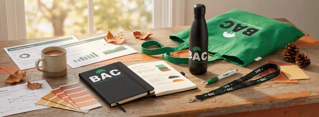 Autumn promotional merchandise strategy including branded notebooks, bottles and tote bags
