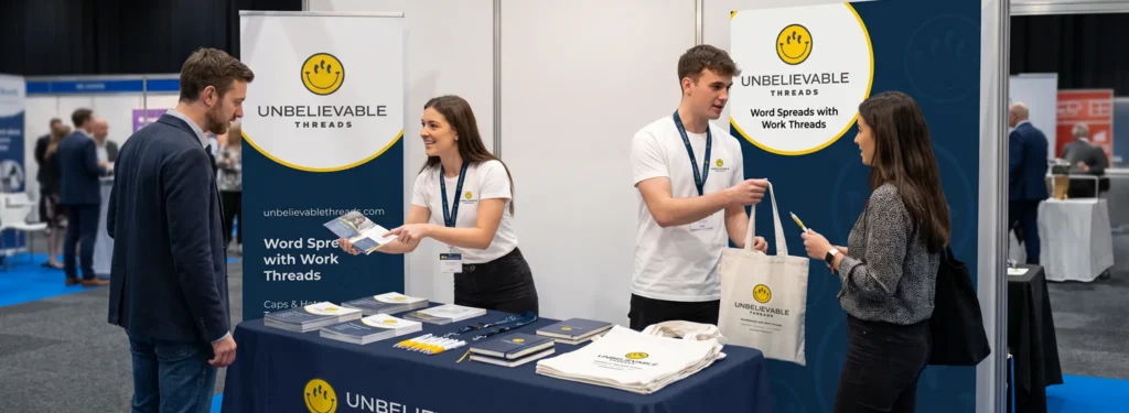 Consistent exhibition branding using matching display graphics, workwear, promotional products and printed materials.