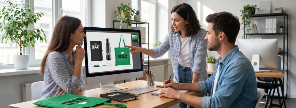 Marketing team reviewing promotional product artwork before ordering