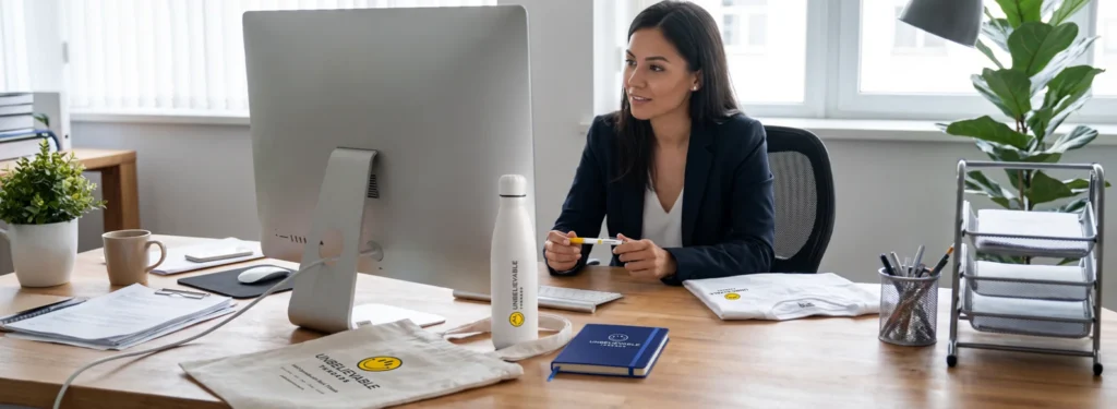 Reviewing a Visual Proof™ of branded exhibition merchandise before production.
